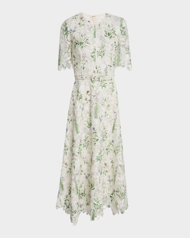 Floral-Print Lace Short-Sleeve Midi Day Dress With Belt
